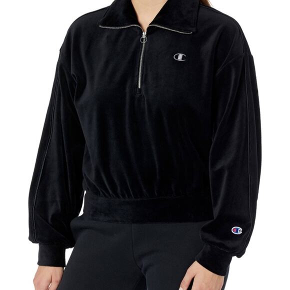 NWT Champion Small C Satin Black Velour Quarter Zip Sweatshirt - Picture 2 of 5